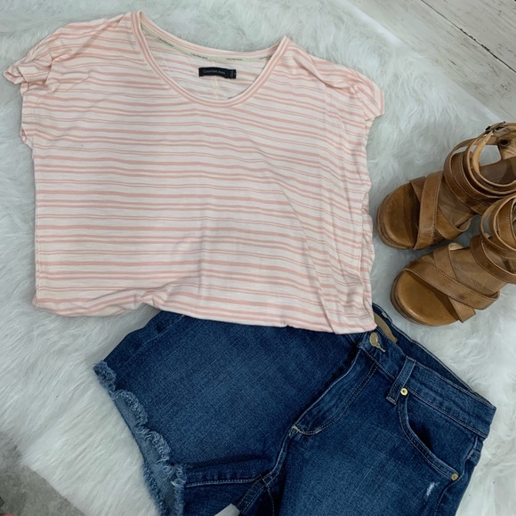 Calvin Klein Peach and Cream Striped T-Shirt Sz M - Picture 3 of 4